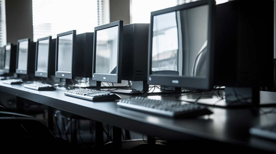 Row of desktop computers